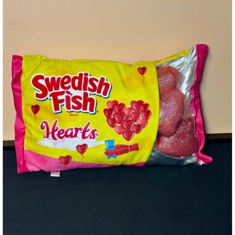 Iscream Swedish Fish Hearts Plush Pillow Yellow Pink Candy Bag with 4 Hearts
